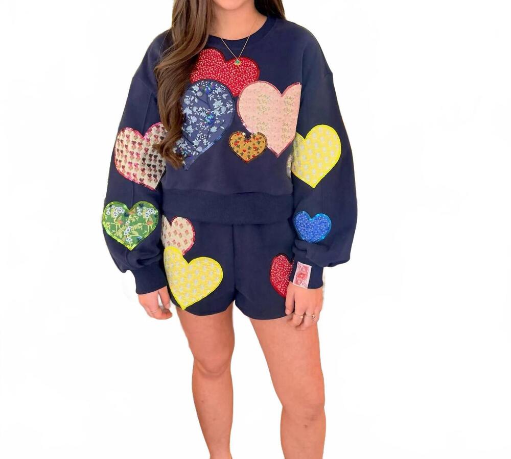 NEW QUEEN OF SPARKLES embroidered hearts short in navy multi